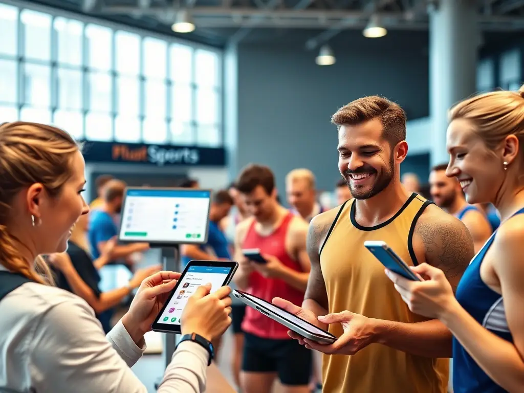 A dynamic image showing athletes registering for a sports event using ProTSR's user-friendly digital platform on tablets and mobile devices, emphasizing ease and efficiency.